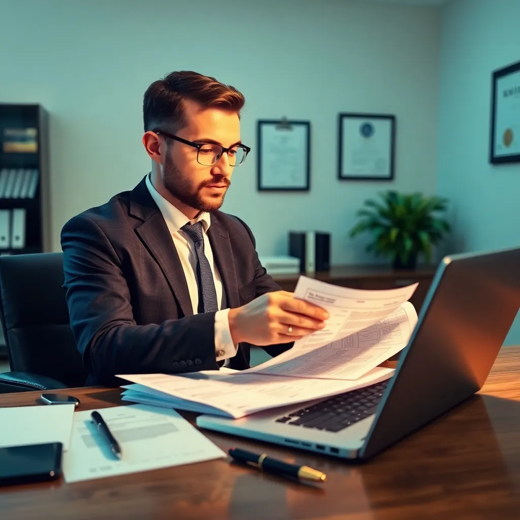 Business professional reviewing credentialing documents at a laptop in an office setting