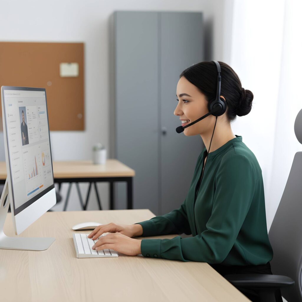 Smiling female customer support agent wearing a headset while working on a computer in a modern office.