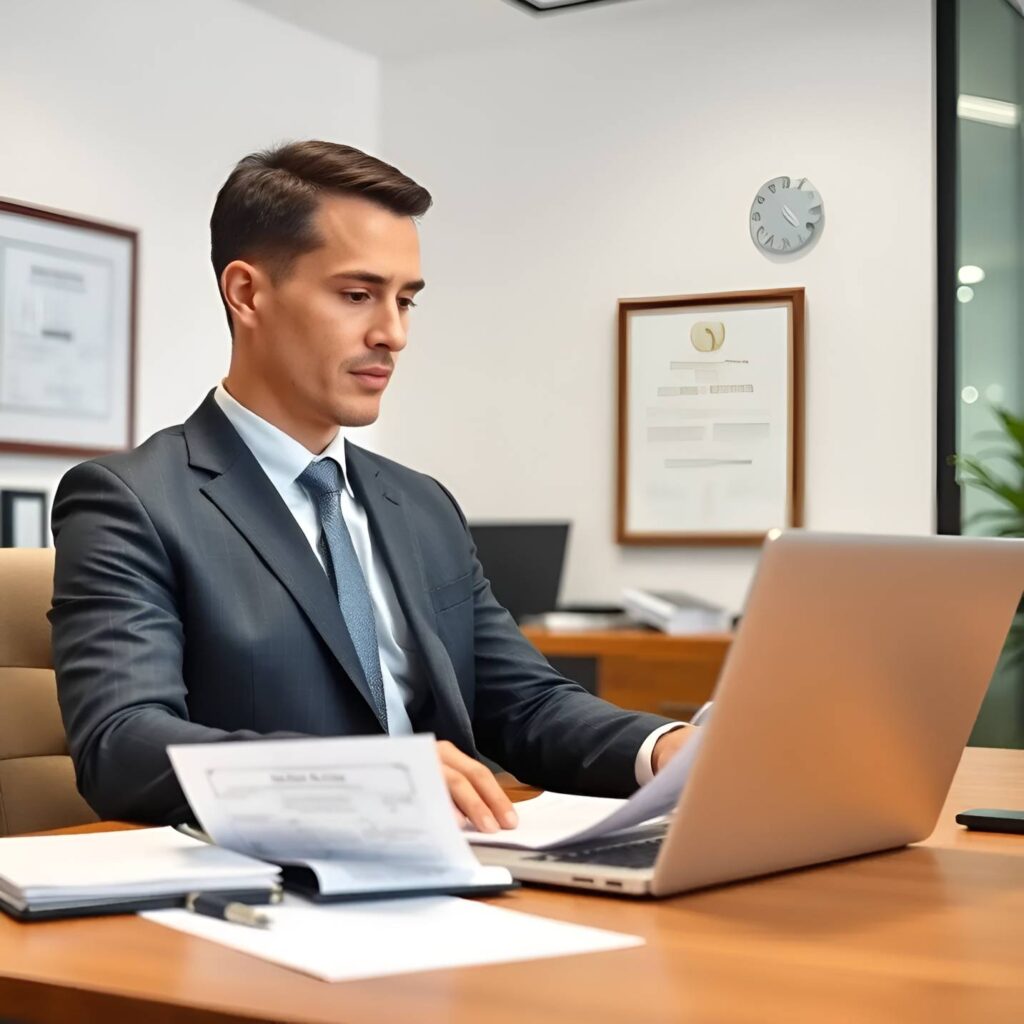 Professional working on medical billing and insurance documentation at a laptop in an office