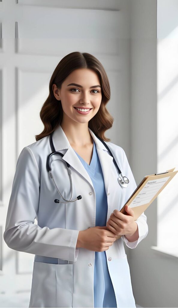Confident female doctor holding patient records in a hospital corridor