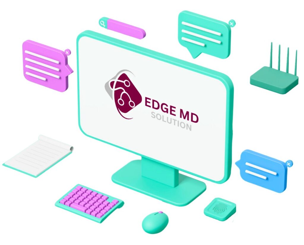 Edge MD Solution logo displayed on a desktop monitor surrounded by digital icons representing healthcare technology services.