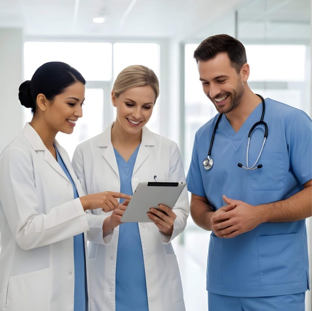 Three smiling healthcare professionals collaborating using digital tablets in a bright medical office